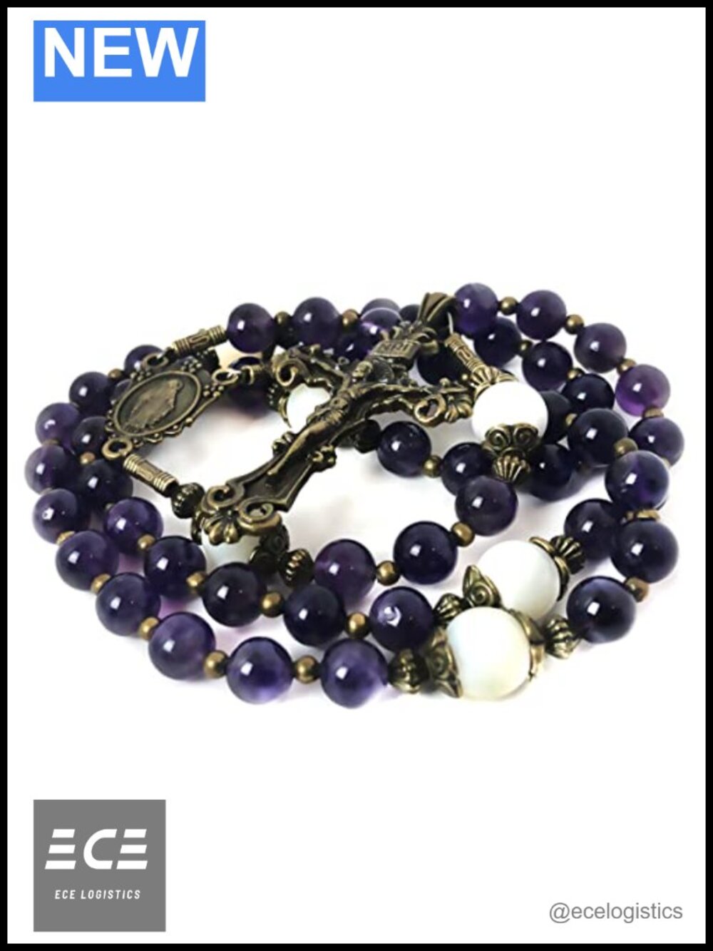 Catholic Rosary Amethyst Mother of Pearl Beads Miraculous Medal Necklace